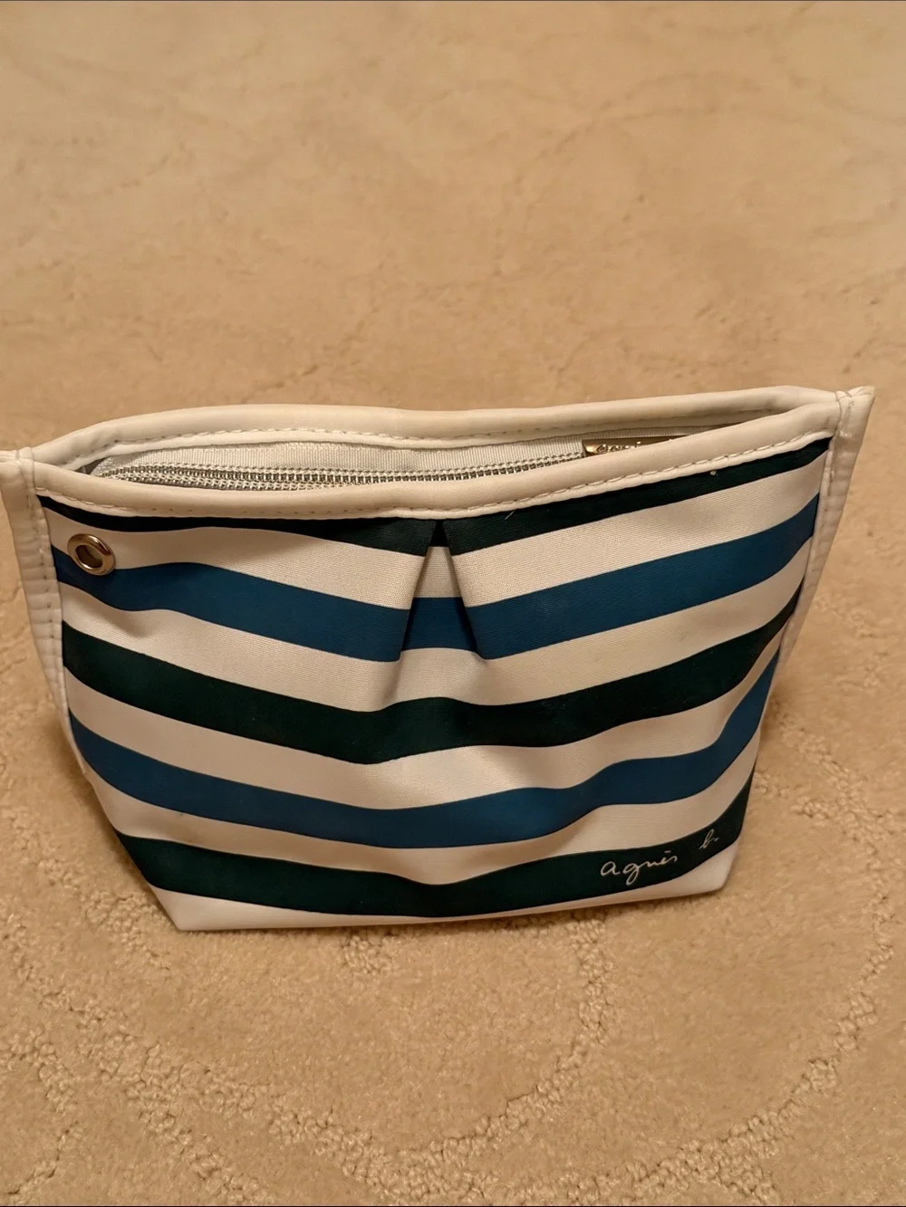Agnes B. White Canvas Cosmetic Pouch with Blue and Green Stripes